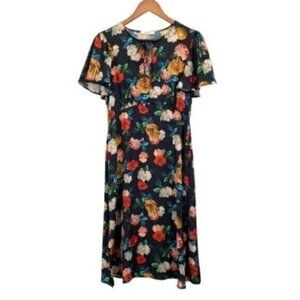 Mango Floral Black Satin Midi Dress